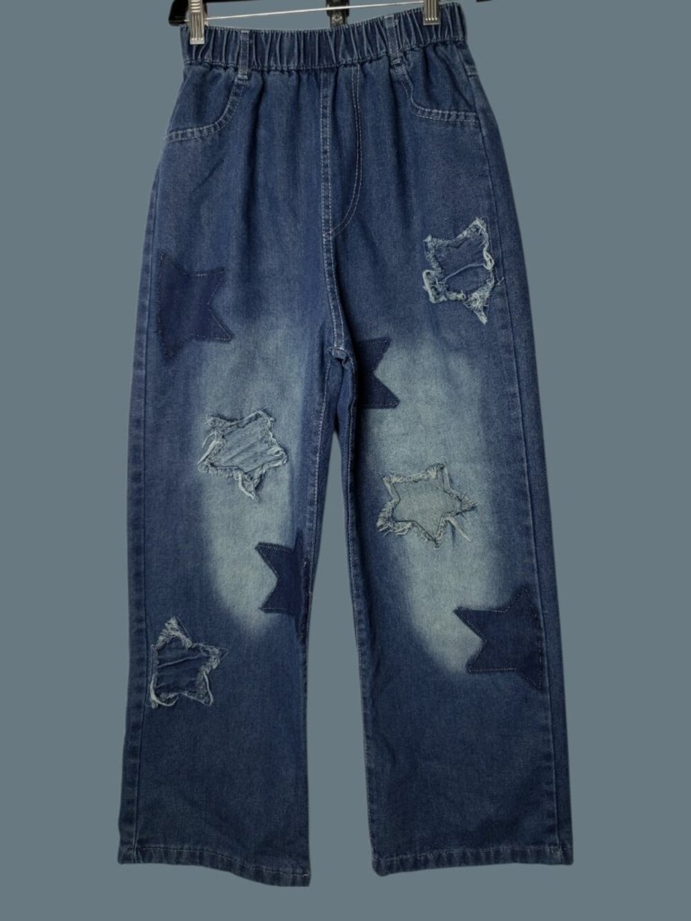 Star Patch Wide Leg WomenPants W/Elastic Waist Distressed Design Small - Picture 2 of 12